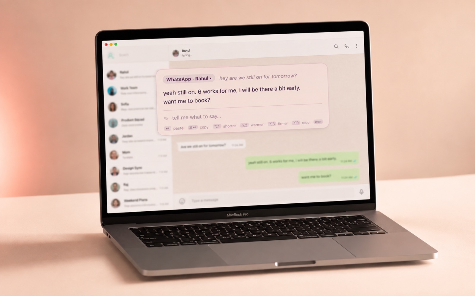 The Volley reply bar drafting an answer inside WhatsApp Desktop